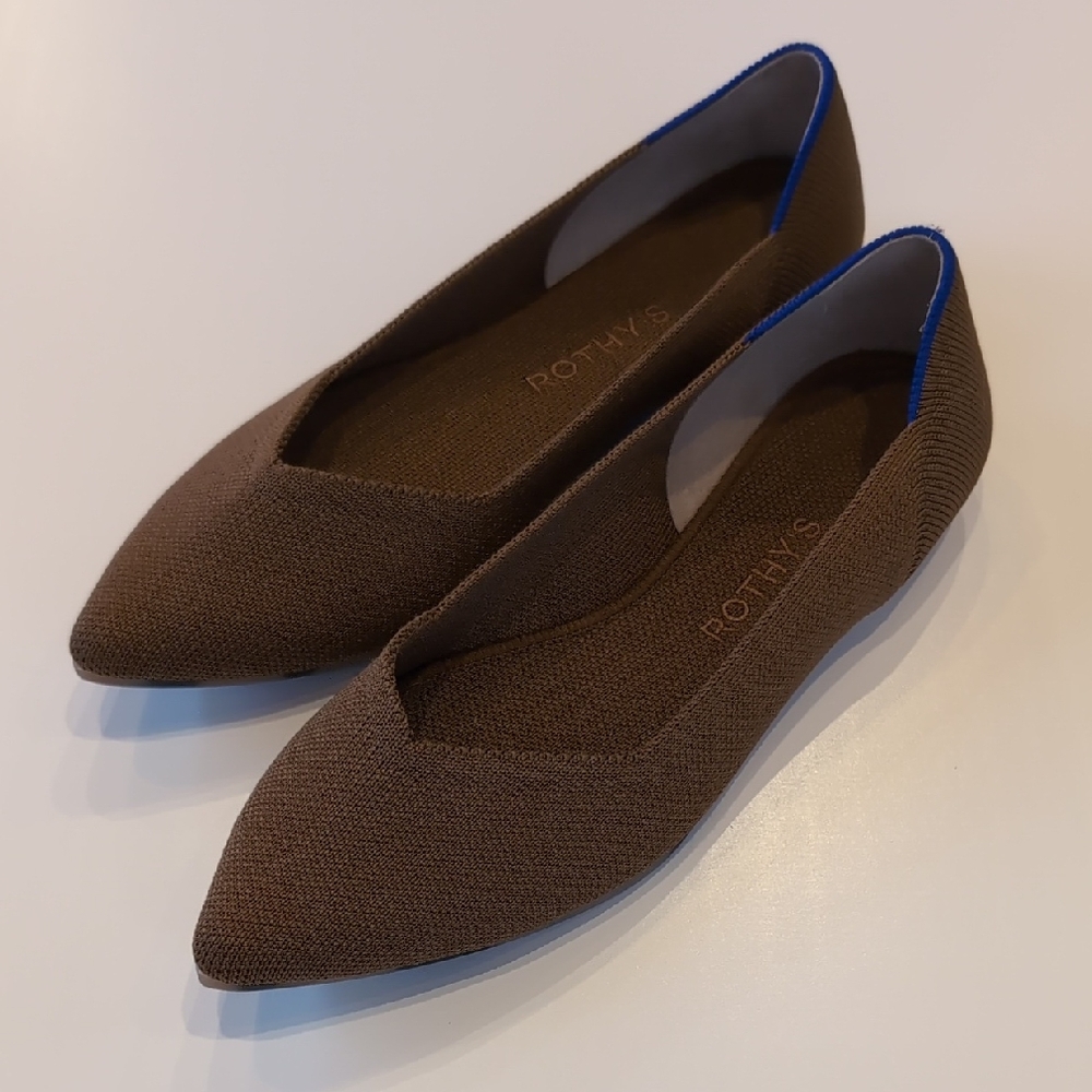 Rothy's Chocolate Brown Flats with Sapphire Trim